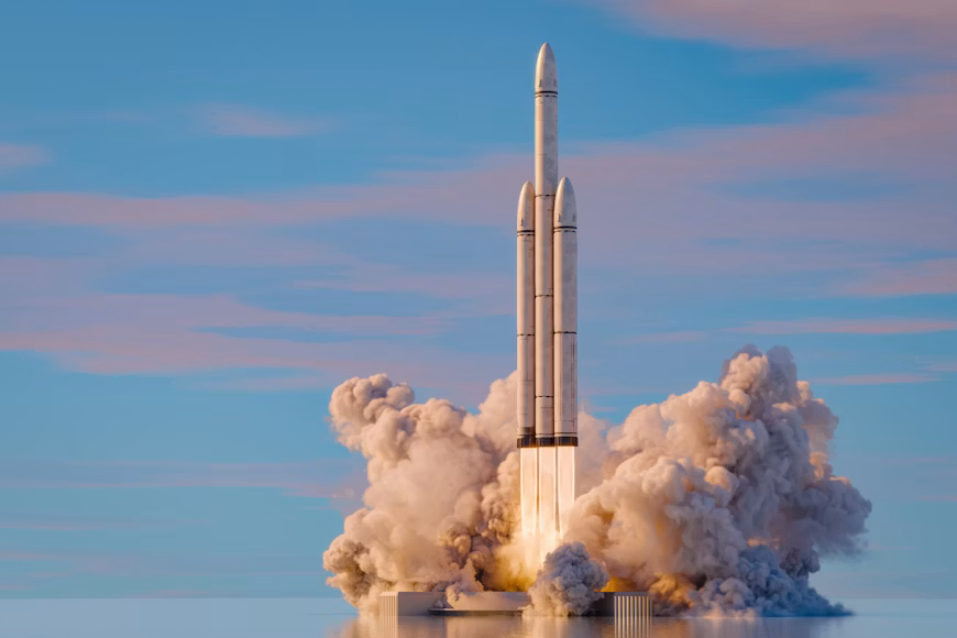 Une fusée décolle dans un nuage de fumée, symbole du lancement de Costratégie